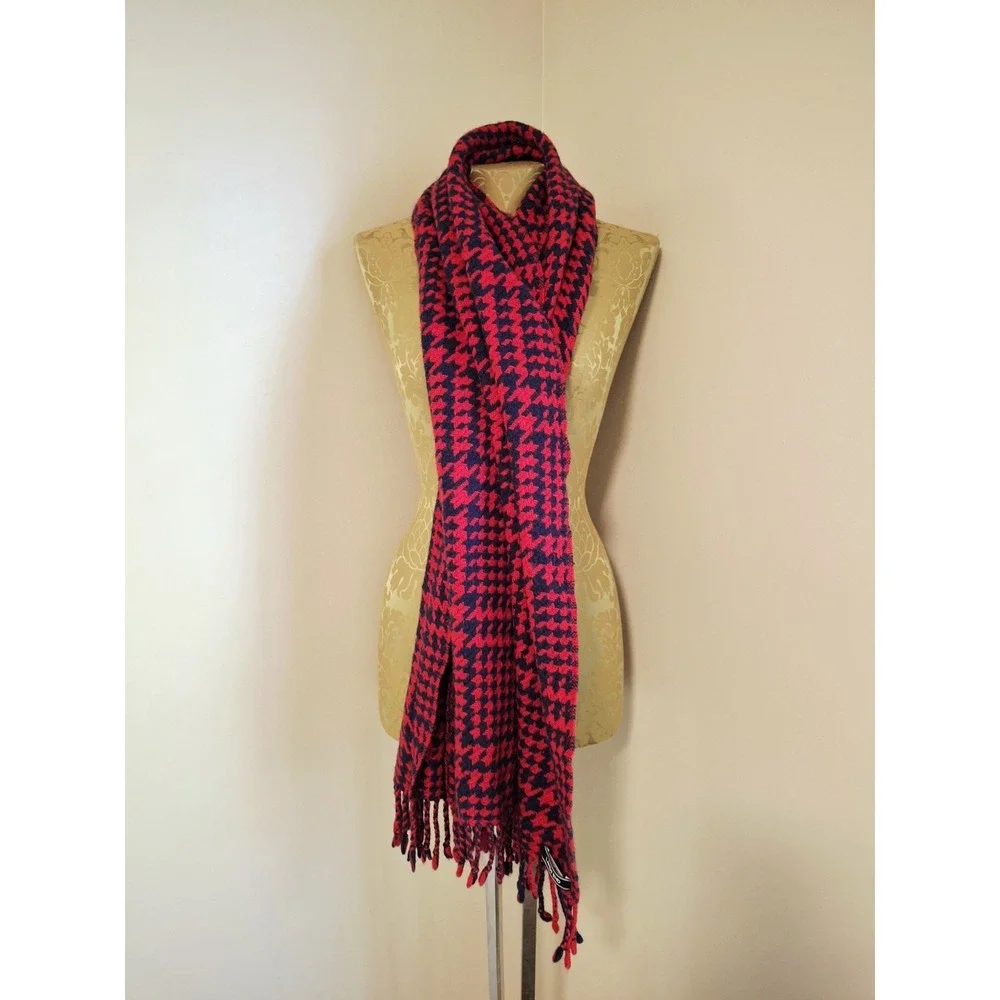 Lands End Wool Red Navy Houndstooth Scarf W/Fringe Unisex Fall Cottagecore